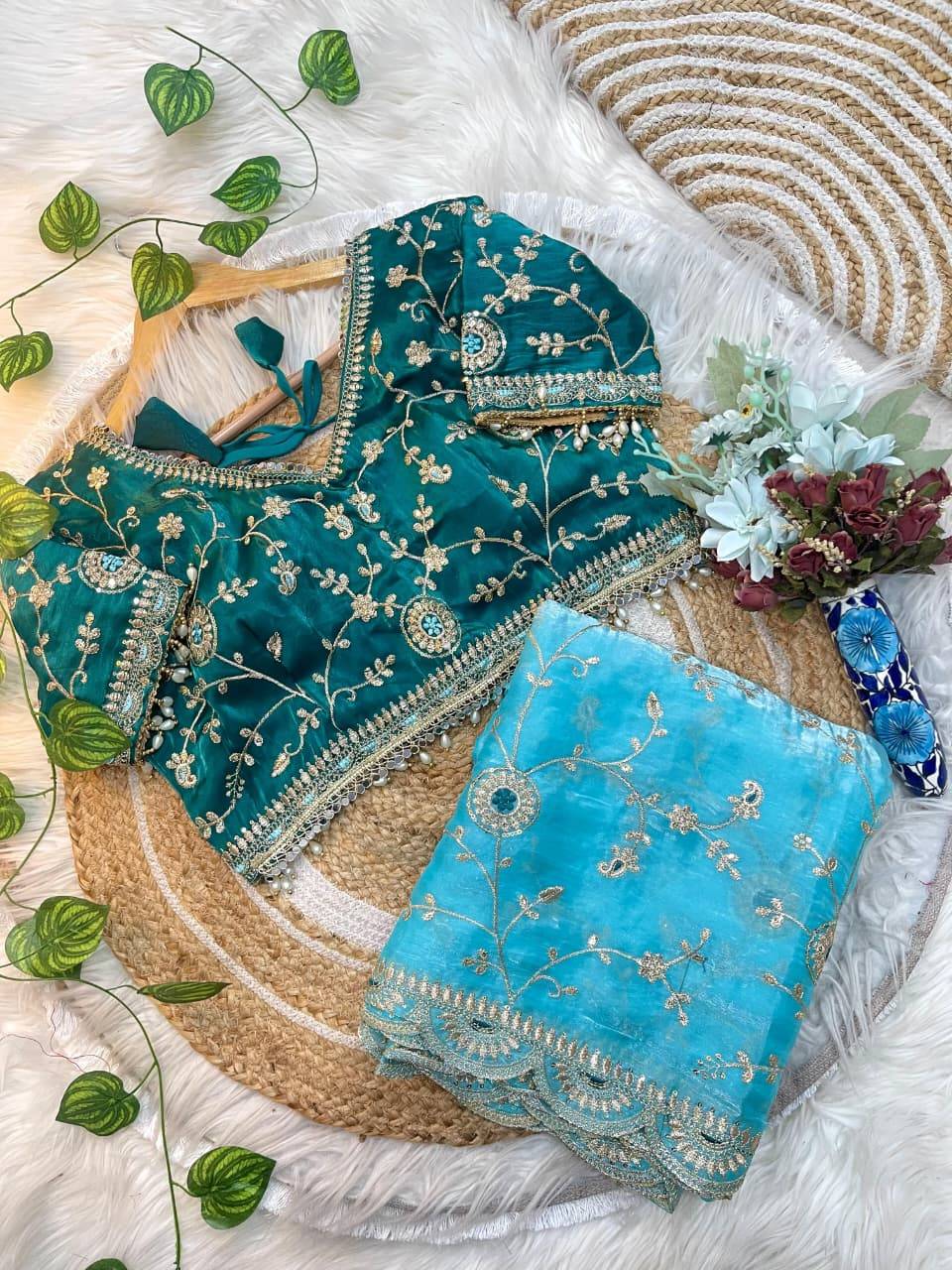 Blue Elegant Fendy Satin Silk Saree with Blue Green Heavy Embroidered Border & Cutwork Blouse
